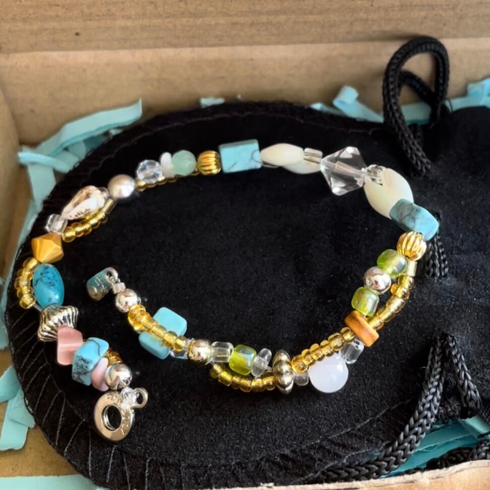 Commissioned anklet for a good friend. Turquoise, shells, and pearls.